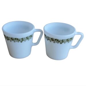 Vintage Crazy Daisy Spring Blossom White Green Pair Set of 2 Pyrex Corning Mugs
